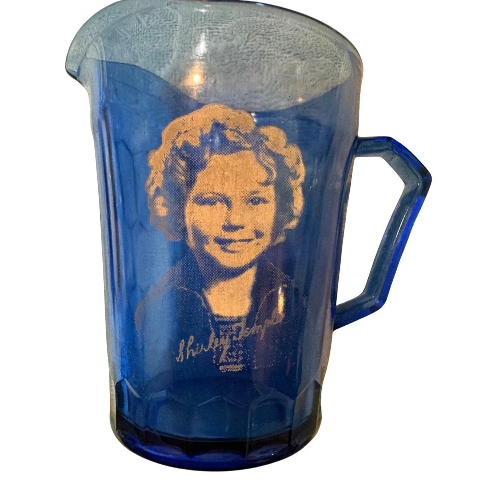 Vintage Blue‎ Depression Glass Shirley Temple Small Pitcher & Cup With Handles
